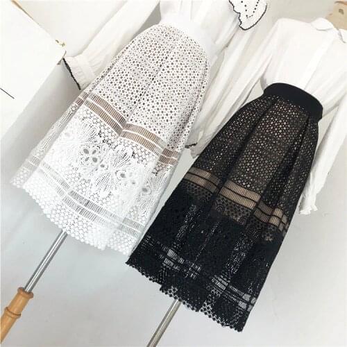 2021 Spring Autumn Bottoming Lace Skirt Mid-Length Hook Flower Hollow Pleated Skirt Hepburn Style Thin A-Line Skirt