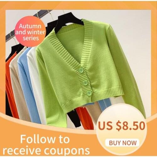 Knitted Crop Cardigan Women Korean Short Sweater Long sleeve V neck Green Blue