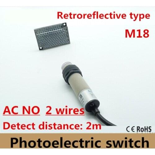 High quality M18 Retroreflective type AC90-250V NO 2 wires photoelectric sensor switch mirror reflective, distance 2m, photocell