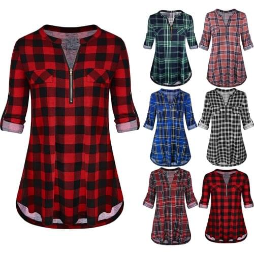 Plus size Harajuku T Shirt Women Ladies Casual All-match V-neck Pullover Check Zipper Long Sleeve Top Blusas Mujer De Moda 2021