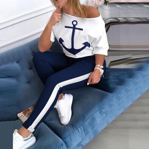 STYLISH LADY Sporty 2 Piece Set Tracksuits 2020 Summer Women Boat Anchor T Shirt and Side Striped Pant Set Two Piece Outfits