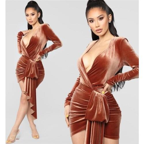 Brown Velvet Bodycon Dress V Neck Long Sleeve Sashes Wrap Dress Women Sexy Night Club Party Sheath Winter Dresses Vestidos