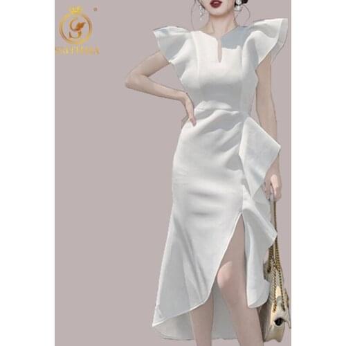 SMTHMA New Fashion Women Summer Ruffled Dresses Elegant White Female Irregular Casual Dress Vestidos