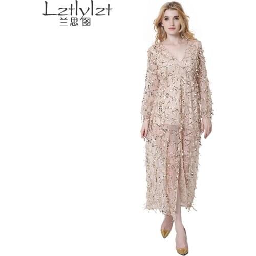 Soft Fox Brand Women Sexy Long Dress For Summer V-Neck Solid Full Sleeve Solid Dress Pleated Dress 3 Colors Free Shipping