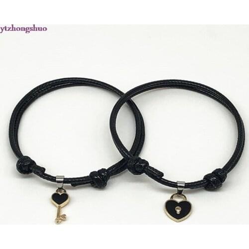 2 Pcs Set Couple Trendy Bracelet For Friend Lock Key Design Black Color Rope Bracelet Wholesale Jewelry