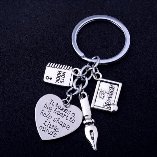 Teachers Keychains It Takes A Big Heart To Help Shape Little Minds Love Heart Keyrings Teacher Pen Notebook Pendant Jewelry Gift