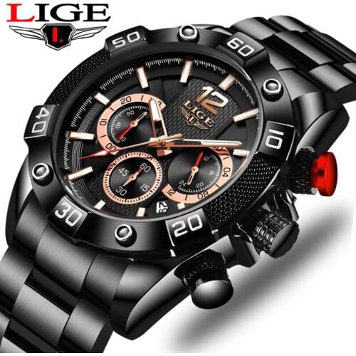 LIGE New Military Watches Men Stainless Steel Band Waterproof Quartz Wristwatch Chronograph Clock Male Fashion Sport Watch+BOX