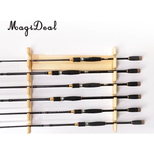 Wooden Fishing Rod Pole Reel Holder Garage Wall Mount Rods Rack Organizer for 6-piece Rods Poles