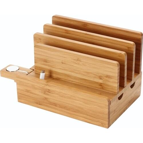 ICozzier 4-Slot Bamboo Watch Stand Removable Multi-device Charging Station and Cord Organizer Stand Dock for Apple Watch, iPhone