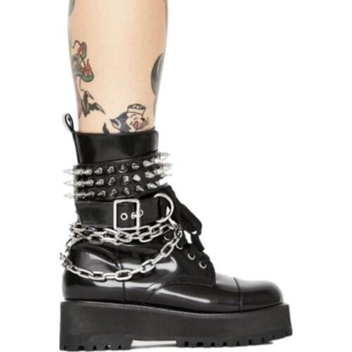 Cool woman hip-hop boots full leather Martin boots woman rivet chain pocket motorcycle boots thick bottom leather lace-up boots