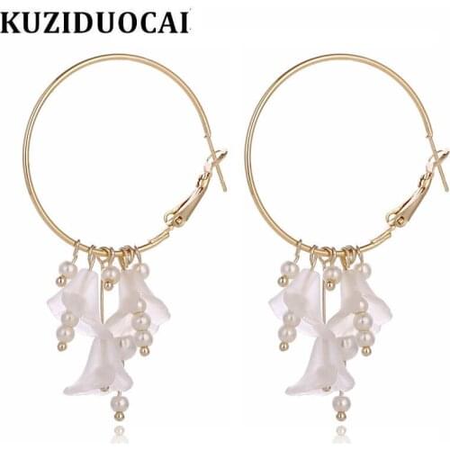 Kuziduocai New ! Fashion Jewelry Will Not Fade Beaded Daffodil Shape Pearl Resin Large Circle Hoop Earrings For Women E-1368