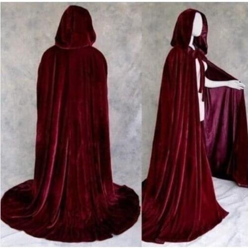Halloween Hooded Cape Black/Wine Red Velvet Cloak Witchcraft Robe Medieval Wedding Capes
