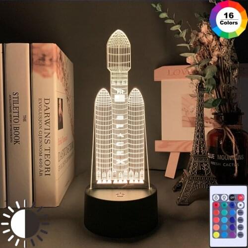 3D Illusion Led Night Light Rocket Model 16 Color Changing with Remote Multi Color Nightlight Best Gift for Kids Room Decor Lamp