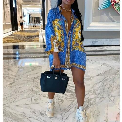 2021 Summer New National Style Seven Minute Sleeve Print Button Mid-length Dress