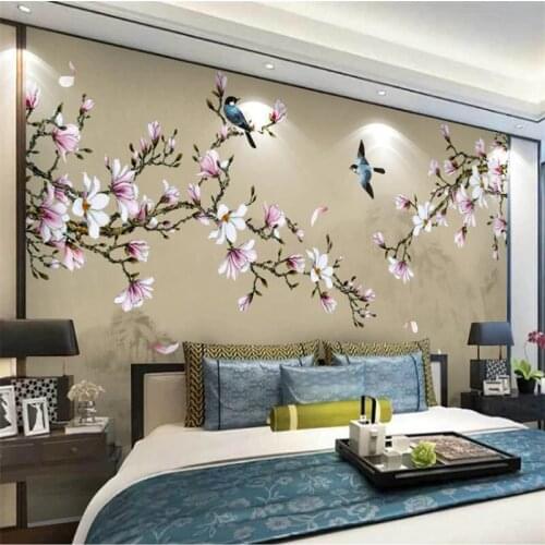 Wellyu Customized large-scale murals new Chinese style hand painted magnolia flowers and birds green background wallpaper