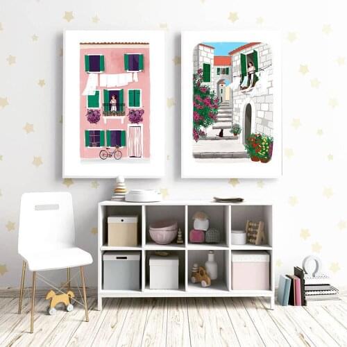 Travel Poster Streetscape Canvas Painting Nordic Old Pink House Art Print Modern Flowers Wall Picture For Living Room Home Decor