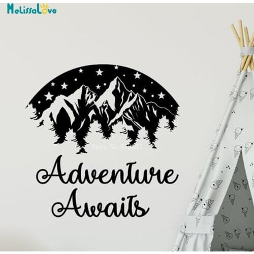 Adventure Awaits Quote Forest Mountains Wall Decals Kids Nursery Decoration BA552