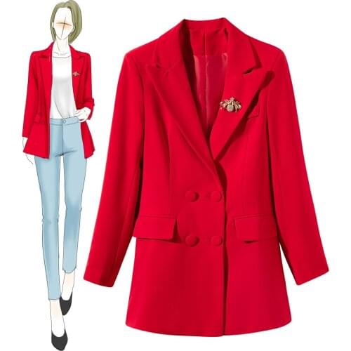 Plus Size Bee Pin Up Fall Red OL Work Office Blazer Coat for Ladies Double Button OL Soild Basic Autumn Winter Casual Coat Women