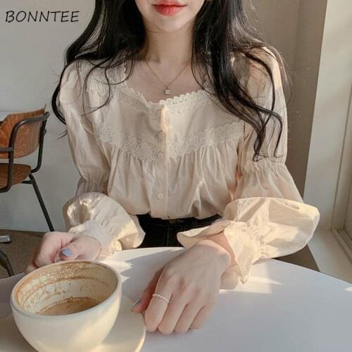 Shirt Women Loose Puff Sleeve Ladies Tops Female Clothing Solid Ulzzang Preppy Style Leisure All-match Simple Soft Streetwear