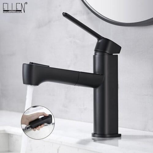 ELLEN Bathroom Faucet Pull out Faucets Solid Brass Hot Cold Black Chrome Basin Taps Deck Mounted ELJ8834A