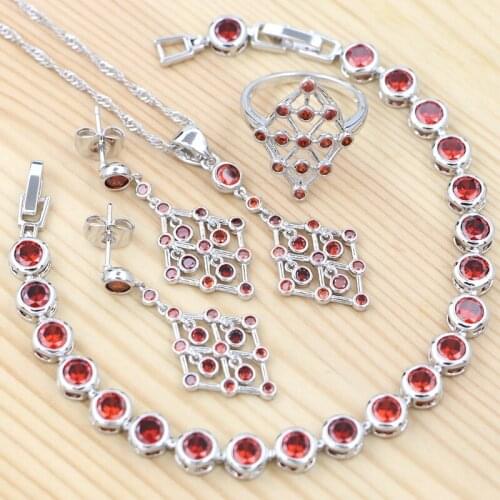 Drop Earrings 925 Silver Jewelry Sets Trendy Red Cubic Zirconia For Women Wedding Earring Pendant Necklace Bracelet Ring