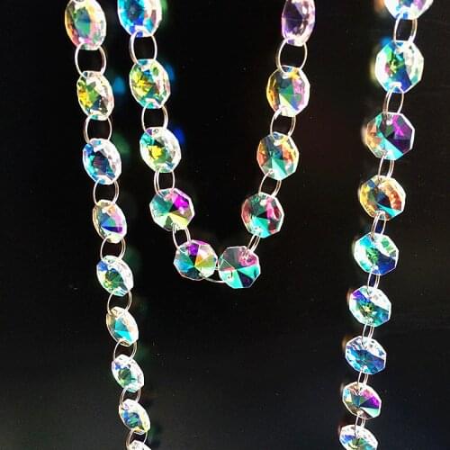Top Quality 5m/lot Coating Rainbow colors 14mm Glass Octagon Beads Garland Strands for Chandelier Hanging , Home Decoration