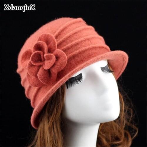 XdanqinX 2019 Winter Womens Hat Wool Warm Fedoras Fashion Headdresses Flower Decoration Female Hats Elegant Brand Women Hat
