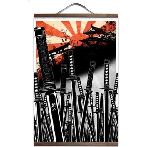 Japanese Swords Modern Art Print canvas Poster Canvas Scroll Painting with wood