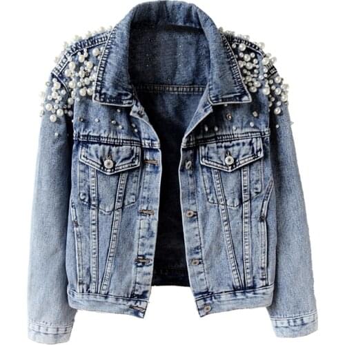 Plus size Denim Jacket Women 2020 New Spring Autumn Jean Jackets Pearl version Korean Denim coat Long Sleeve Outerwear Female