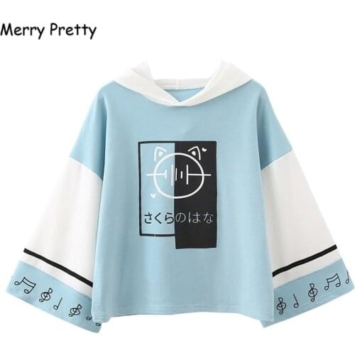 Merry Pretty Women Harajuku Print Hooded Sweatshirts 2021 Long Sleeve Patchwork Hoodies For Femme Casual Loose Cute Pullovers