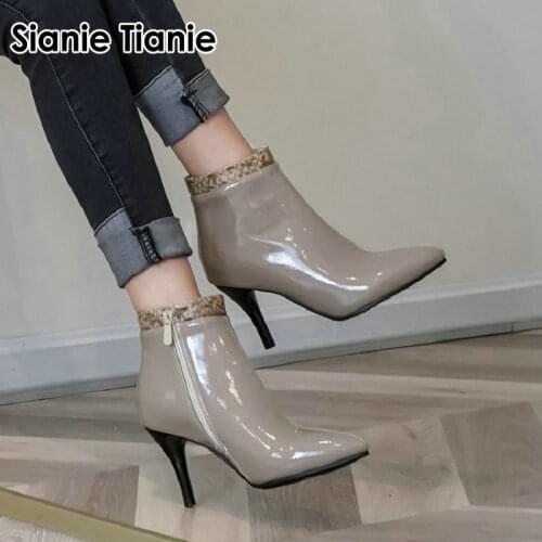 Sianie Tianie 2020 pointed toe patent PU leather sexy woman stilettos grey high heeled booties women ankle boots plus size 46 12