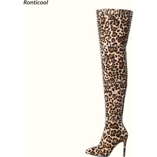Ronticool Women Winter Thigh Boots Sexy Studded Stiletto Heels Pointed Toe Gorgeous Leopard Night Club Shoes Women Us Size 5-15