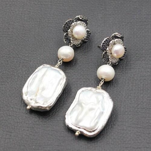 GG Jewelry Natural White Square Keshi Pearl White Gold Color Plated Blue CZ Flower Stud Earrings Luxury Style For Women