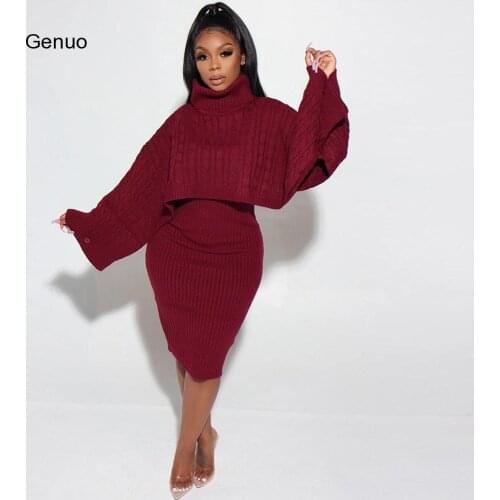 Autumn Winter 2020 Outfits Tracksuit Knit Women Sets Elegant Turtleneck Sweater And Sleeveless Dress Sexy Two Piece Set Femme