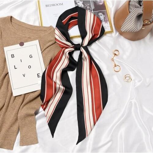 2021 Elegant Striped Pattern Silk Scarf for Women Ponytail Tie Handle Scarfs for Ladies Hair Accessories Bandanas Scarves New