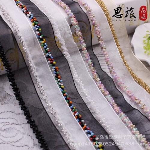 3Yards Pearl Beaded Lace Trim Gauze Lace Ribbon Mesh Fabric Clothes Decoration Wedding Dress Collar Sleeve African Lace Applique