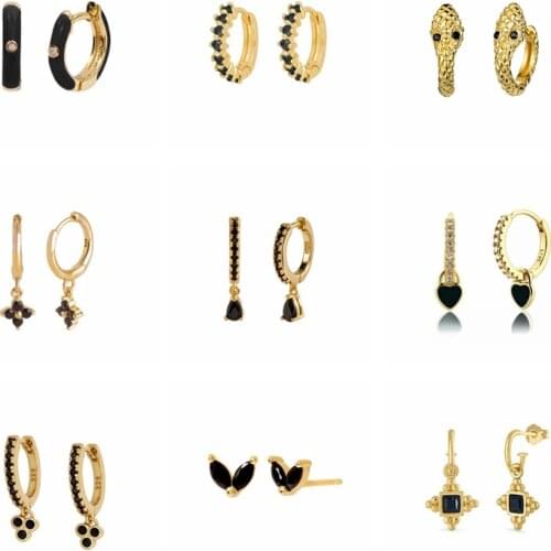 Aide 925 Sterling Silver Black Cubic Zirconia Series Hoop Earrings With Crystal Moon Cross Charm For Women Party Huggie Earrings