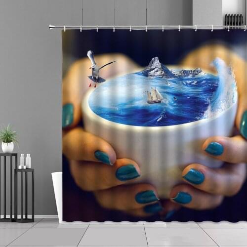 Big World Of Cups Woman Holding Tea Cup Bottle Island Light Bulb Creative Design Shower Curtain Bath Screen Bathtub Accessories