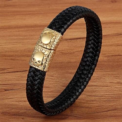 TYO Serpentine Pattern Stainless Steel Skull Head Black Color Genuine Leather Bracelet Merge Bangle Accessories Jewelry For Men
