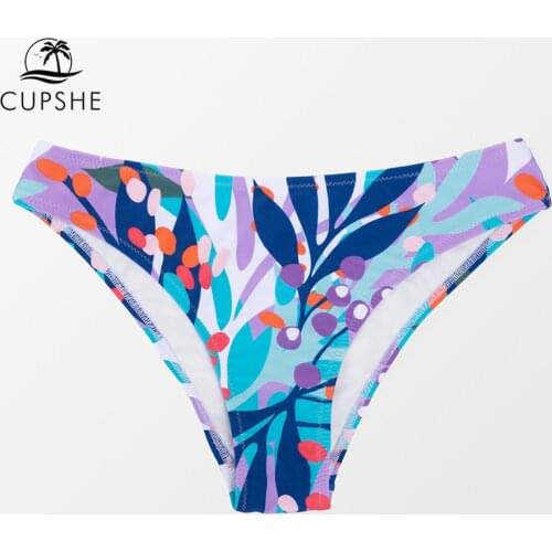 CUPSHE Purple Leafy Low Waist Bikini Bottom Swimsuit For Women Sexy Mid Cut Panties Brief 2021 Separate Brazilian Bikini Bottoms