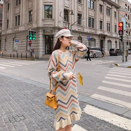 Long Sweater Dress Over The Knee Loose Korean 2021 New Autumn and Winter Rainbow Striped Knit Dress Female Thick Warm Top T98
