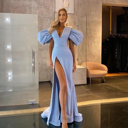 Sky Blue Exquisite Summer Dress V-Neck Floor Length High Split A-Line Prom Dress Saudi Arabia Evening Dress Custom Made PlusSize