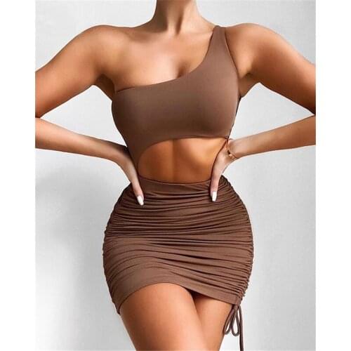 Summer Dress Women Outfit Hollow Out Ruched One Shoulder Bandage Short Brown Bodycon Sexy Mini Party Dress 2021 Vestidos