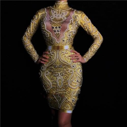 Fashion Rhinestones Pearls Dress Long Sleeves Womens Gold Dress Female Singer Clothes Birthday Celebrate Evening Dress DWY1383