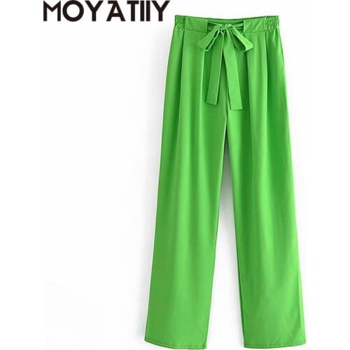 MOYATIIY Fashion Women 2021 Autumn Stright Pants Fluorescent Green Office Lady Drapped Elgant Trousers Lace Up Female Bottoms