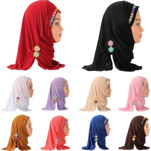 Muslim Girls Hijab Scarf Handmade Flower Applique Islamic Kids Turban Plain Headwrap Shawl Elastic Burqa for 2-7 Years Children