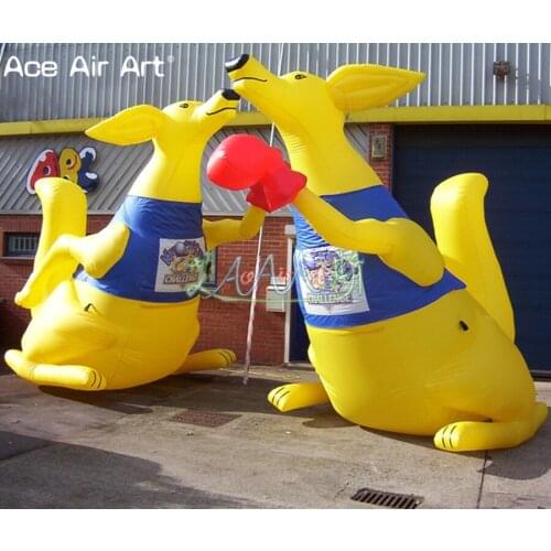 Customized outdoor yellow animal model inflatable kangaroo with boxing gloves logos for advertising and event party