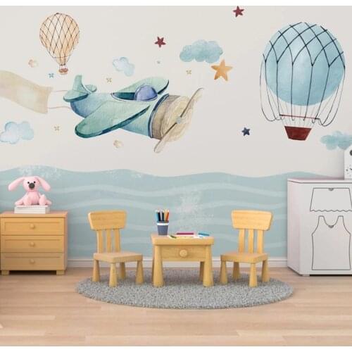 Custom Any Size Mural Wallpaper 3D Hand Drawn Airplane Sea Cartoon Space Hot Air Balloon Background Wall Mural Papel De Parede