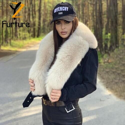 New Winter Women Coat 2021 Real Fur Coat Denim Jacket With Natural Fox Fur Turn-down Collar Luxury Fur Overcoats Female Overcoat