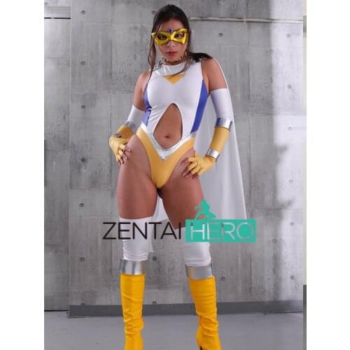 New Hot Sexy Lady Hero Zentai Shiny Metallic Leotard White Shiny Sexy Woman Gigalady Bodysuit with Cape
